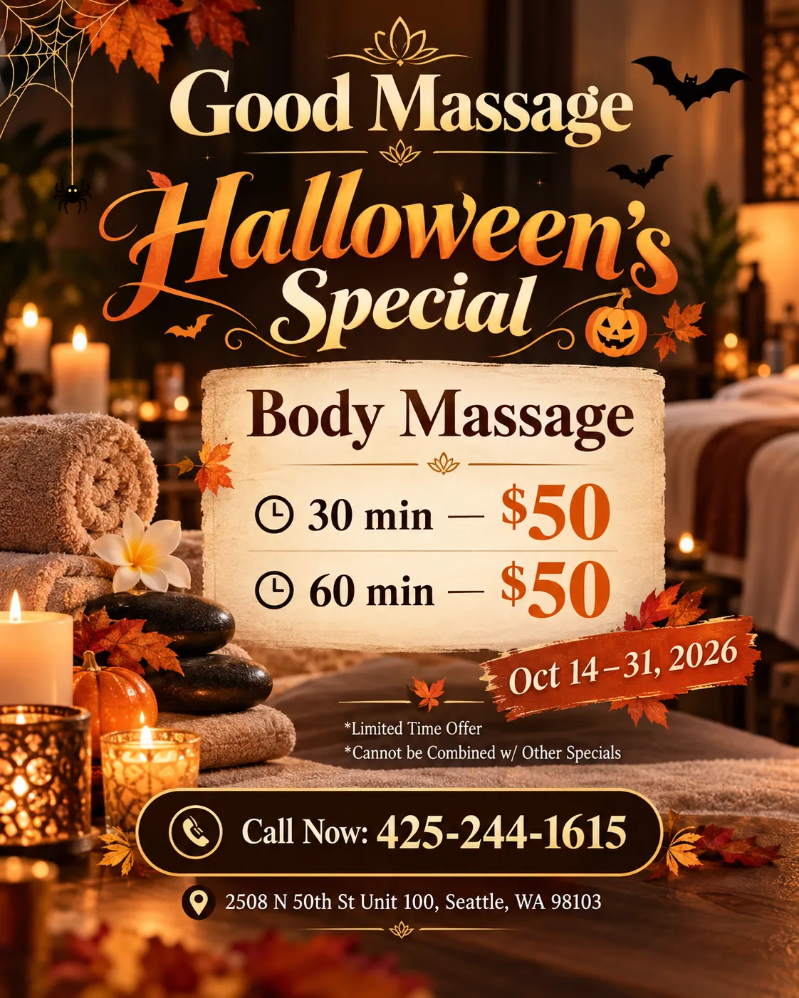Good Massage Halloween Special - Body Massage 30 minutes $50 or 60 minutes $50, October 14-31, 2026